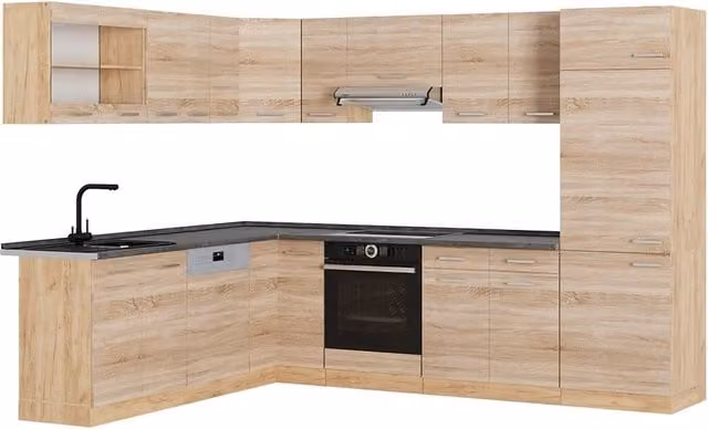 Cucina angolare completa R-Line Vicco in Rovere dorato e Antracite, L: 287 cm, H: 227 cm