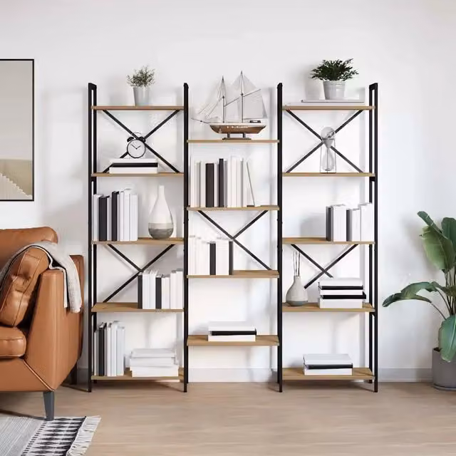 Libreria stile industrial vidaXL in legno e metallo, marrone e nero, L 156 x P 25 x H 167 cm – 1