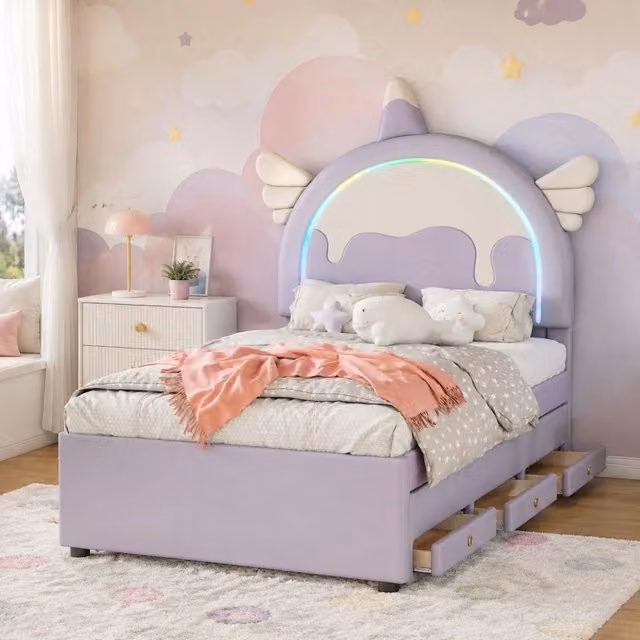 Letto per bambini 90 × 200 cm con letto estraibile e cassetti in PU e MDF viola con testiera a unicorno