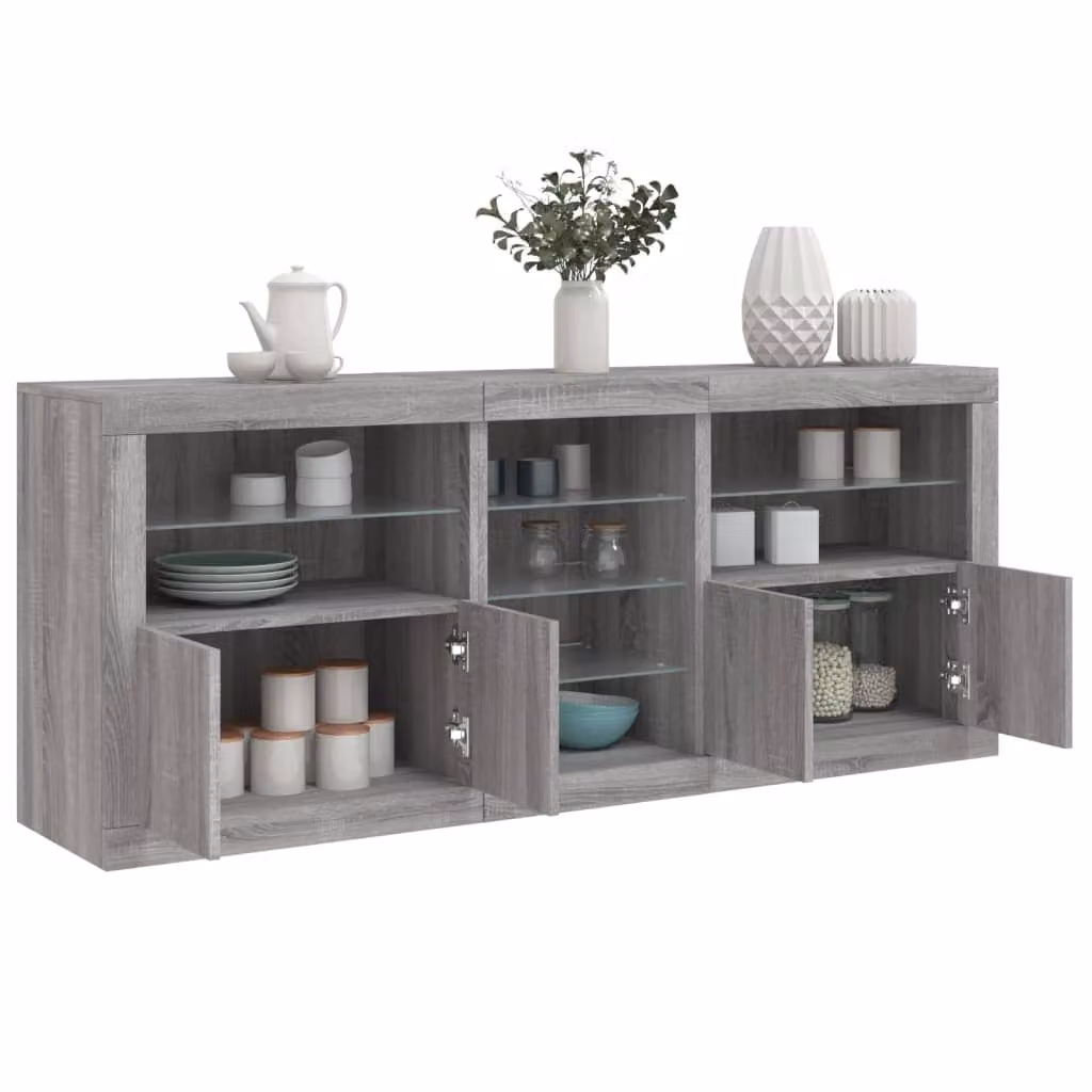 Credenza moderna vidaXL con luci LED, Grigio Sonoma, L 162 x P 37 x H 67 cm