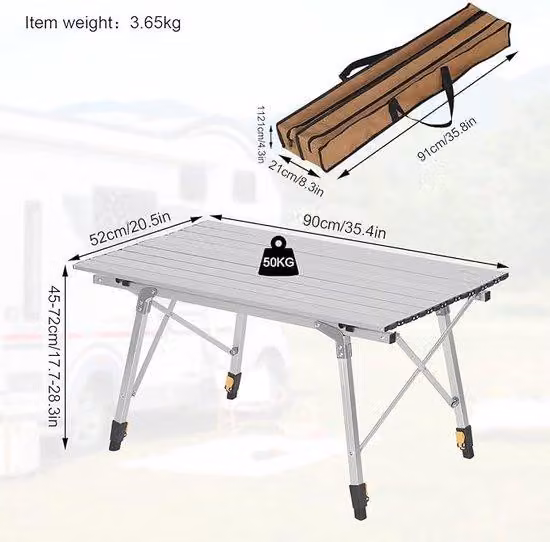 Tavolo pieghevole in alluminio 52x90x72 cm per il campeggio e il balcone