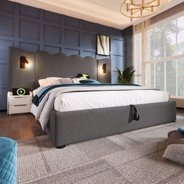 Letto contenitore Mivray con testiera ondulata in lino grigio, lampada da lettura integrata e porte USB e Type-C, L/P: 160 x 200 cm – 1
