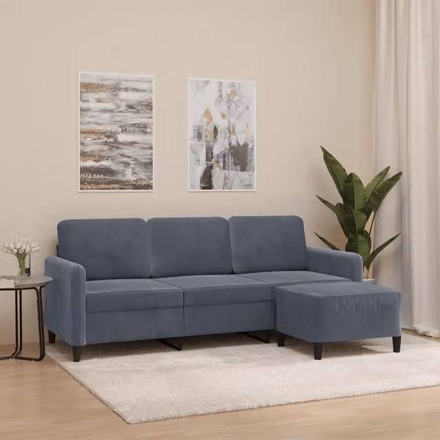 Divano Moderno a 3 Posti con Poggiapiedi vidaXL in Velluto Grigio L: 198 cm, P: 80 cm, H: 77 cm – 1