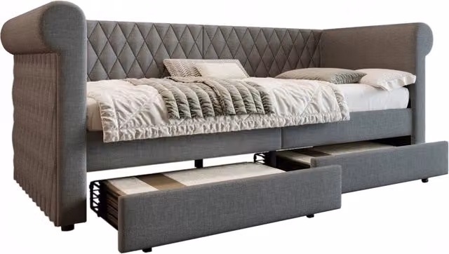 Letto singolo Chicfurn con 2 cassetti in tessuto grigio, L/P/H: 90 x 200 cm