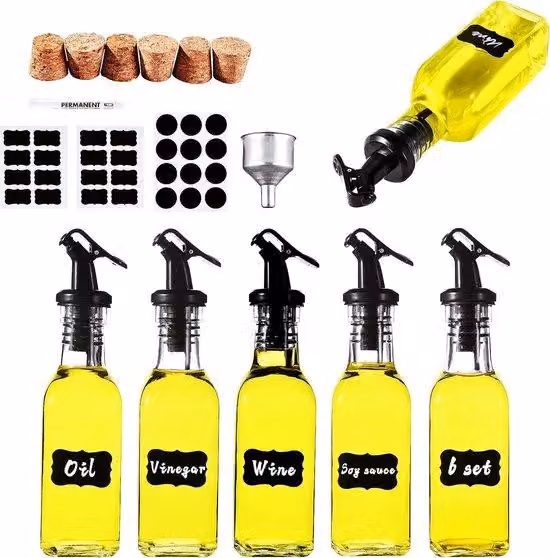 Distributore di olio con 6 flaconi da 160 ml, beccuccio versatore, etichette