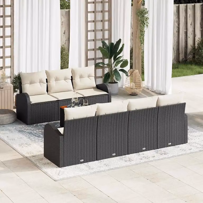 Set Divano da Giardino a L vidaXL 8 Pezzi con Tavolino e Cuscini Nero e Beige in Polyrattan e Acciaio