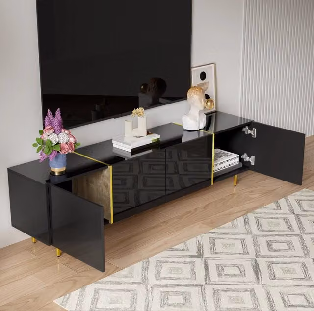 Mobile TV 170x35x46 cm nero in MDF, 4 ante con cerniere soft-close