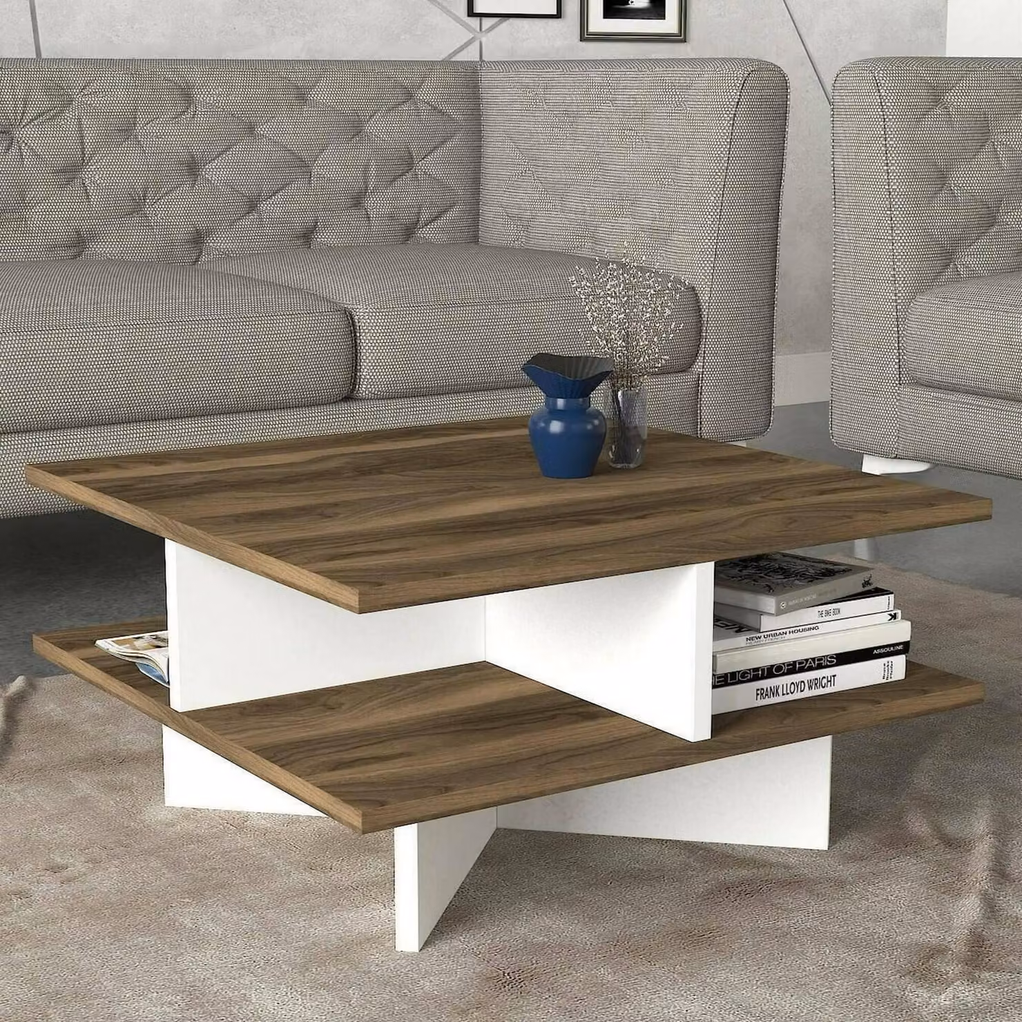 Dmora Tavolino da Salotto Sovrani 60x60x31.2h cm Bianco, 4 Vani Multiuso