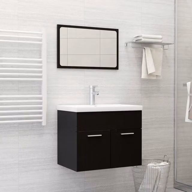 Set Mobili da Bagno Moderno vidaXL con Mobile Lavabo e Armadietto Specchio Nero e Bianco in Legno e Ceramica L/P/H: 60,0 x 38,5 x 46,0 cm