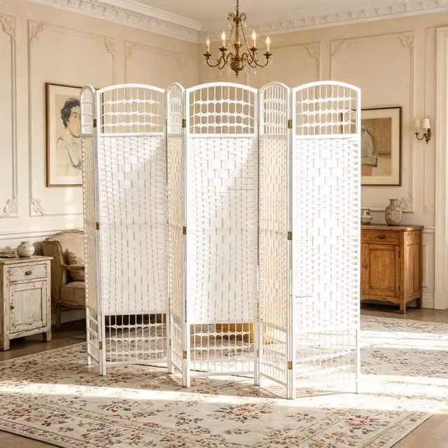 Paravento divisorio pieghevole a 6 pannelli in corda di carta e legno bianco per interni L: 242 cm, H: 170 cm