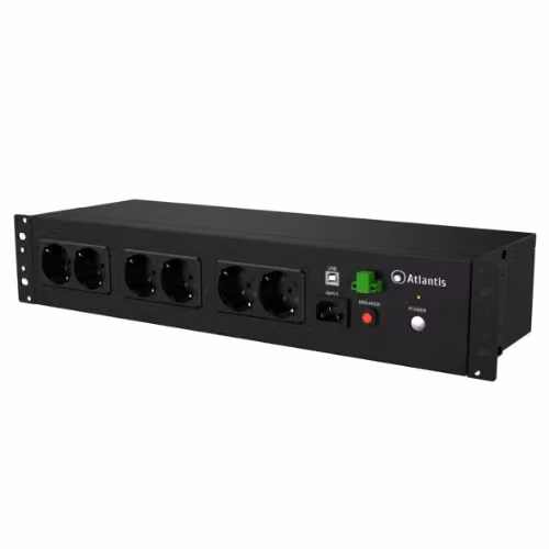 UPS Atlantis A03-PDU1000-RC Rack Off Line 800VA (480W) per Rack 19 pollici, Nero, Batteria 12V 9Ah 8P, Schuko in Backup – 2
