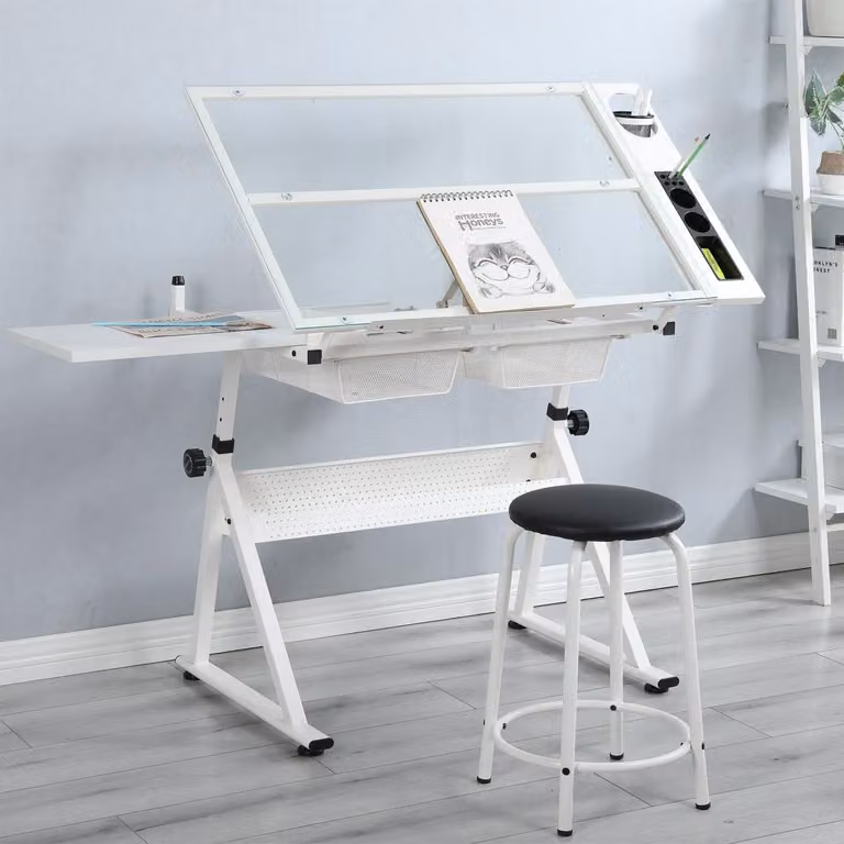 Tavolo da disegno con sedia, tavolo da disegno in vetro bianco, regolabile