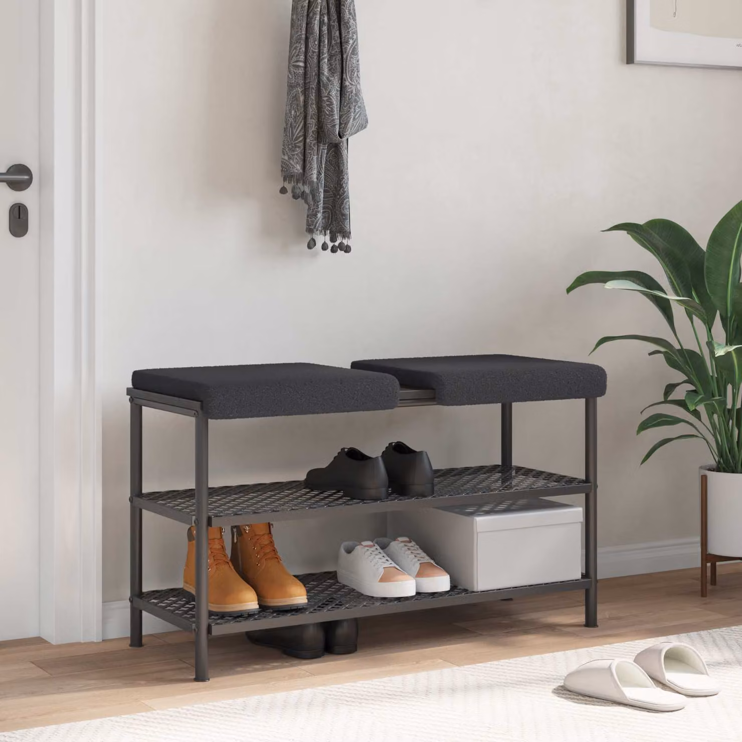 Set di 2 cuscini per panchina vidaXL in tessuto Sherpa grigio scuro con imbottitura in schiuma e base antiscivolo, L/P/H: 40 x 40 x 3,5 cm