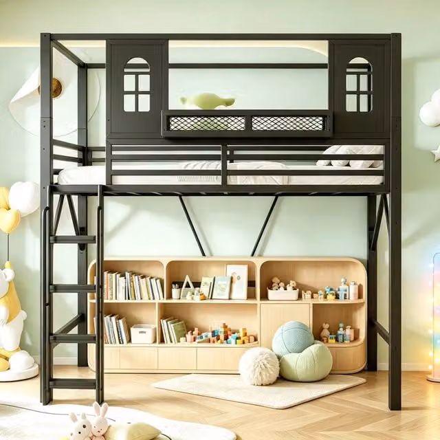 Letto a soppalco per bambini 90x200 cm in metallo; tetto con finestre; scala e ripiano; nero; per cameretta