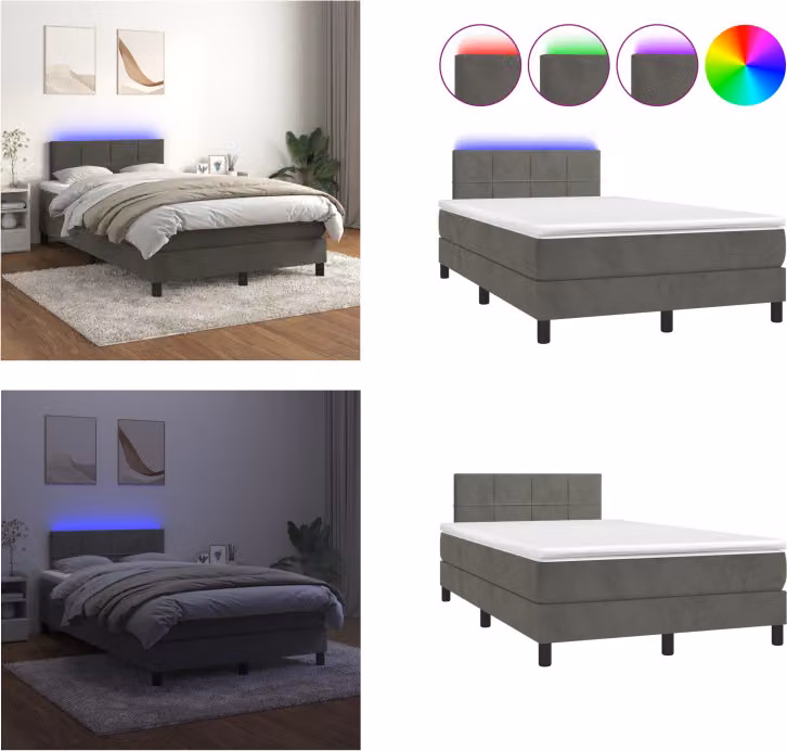 vidaXL Letto a molle con materasso e LED in velluto grigio scuro 120x200 cm - Letto a molle - Boxspringbetten - Bett - Betten
