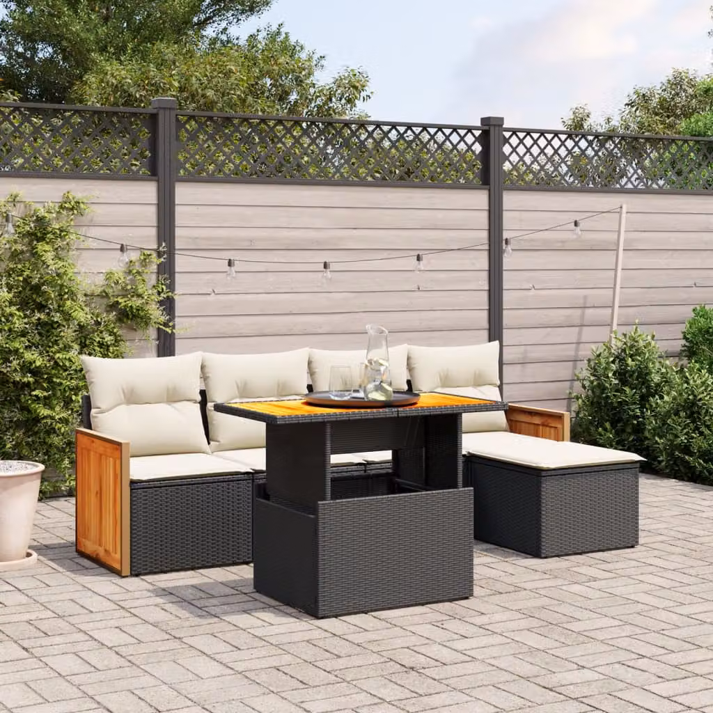 vidaXL Set Divano da Giardino 6 pz a Forma di L in Polyrattan Nero con Cuscini e Tavolino da Caffè