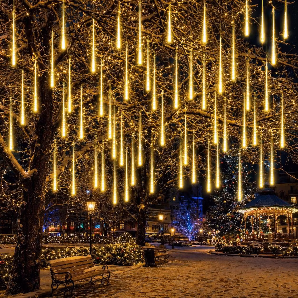 Pioggia di meteoriti, catena luminosa con 8 luci, effetto neve, luci natalizie, decorazioni per Natale, Halloween, matrimonio, luce bianco caldo, 50 cm, 288 LED