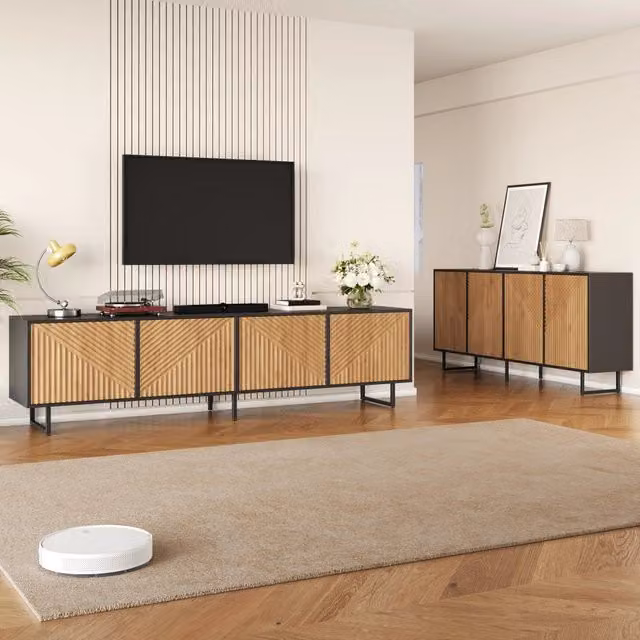Set soggiorno con sideboard e mobile TV 180 cm; effetto legno naturale e nero