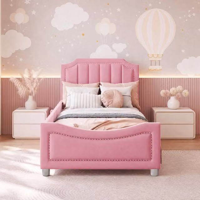 Letto imbottito 90x200 cm rosa in flanella, rete a doghe con schienale, senza materasso
