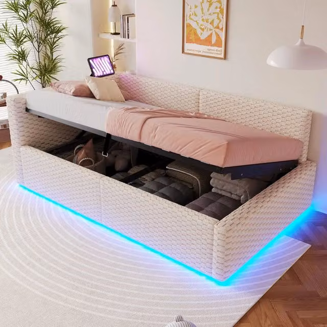 Letto Imbottito 90x200 con LED e Testiera ¨C Xylo ¨C Beige, Velluto, Idraulico