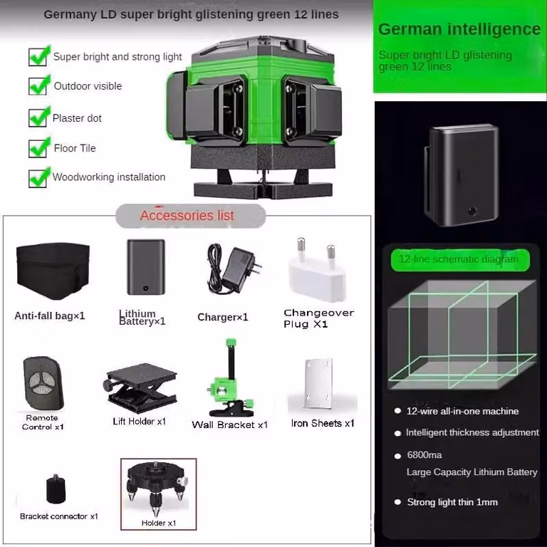 Livella laser a croce - Livella laser 4D a 12 linee - Autolivellante - 360° orizzontale e verticale - Linea laser verde - Con batteria - Utensile professionale per l'edilizia - Verde