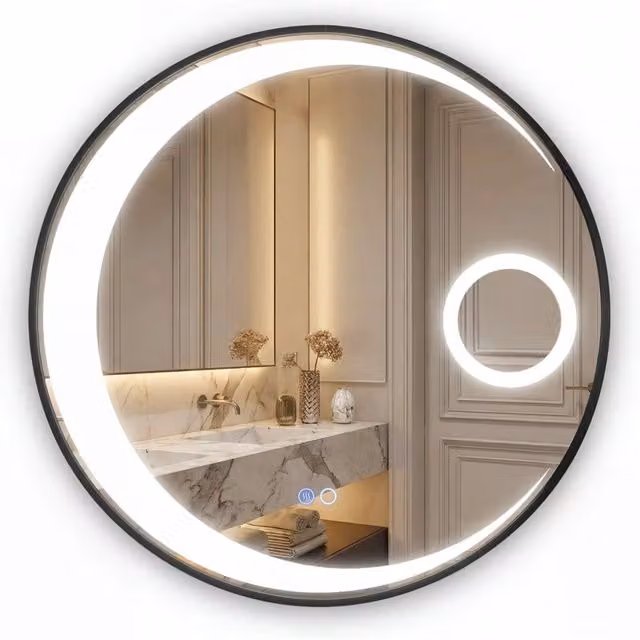 Specchio da trucco circolare DESIGN IN nero con luce LED dimmerabile e lente d'ingrandimento 3X, da parete, Diametro: 61 cm