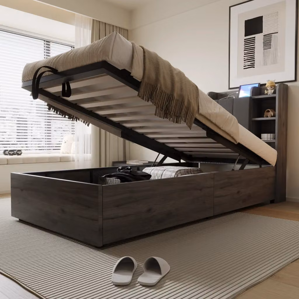 Letto singolo con contenitore idraulico e testiera con ripiani e porte USB e Type-C, colore grigio, L/P/H: 90 x 200 x 94,2 cm – 2