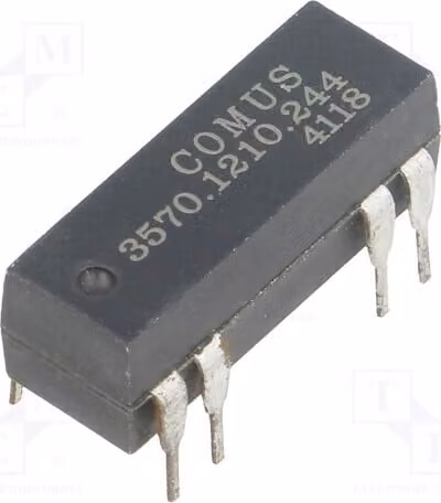 1x Relè: Bobina di campo magnetico da 500mA, contatti normalmente aperti (US), alimentazione: 24VDC, massima tensione: 150VDC, potenza: 10W, montaggio su circuito stampato (THT), codice prodotto: 3570.1210.244, marca: Elektromag