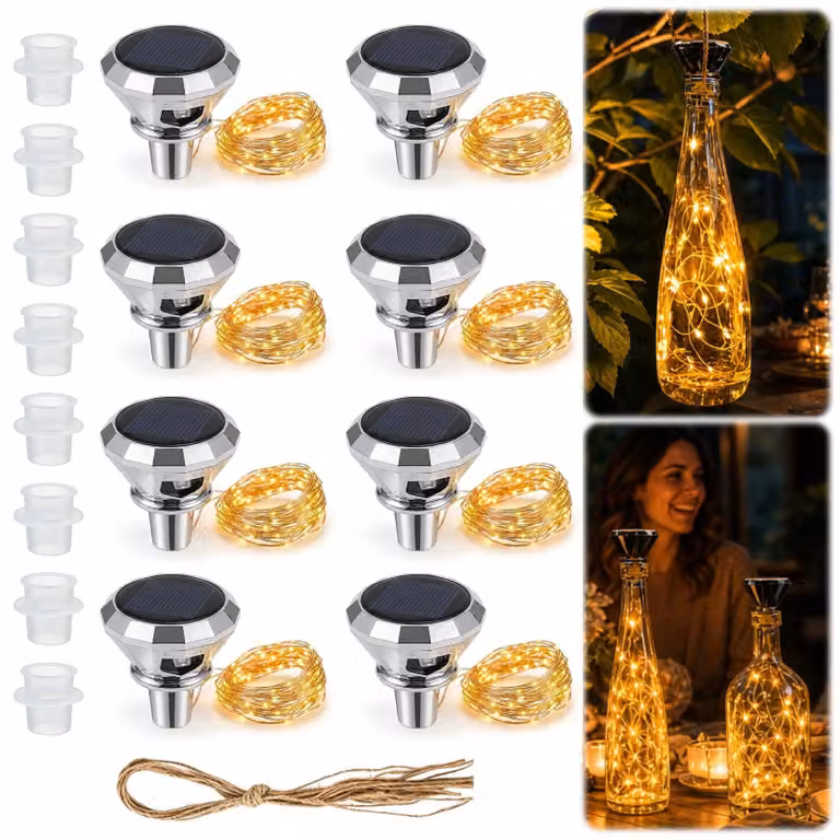 Set di 8 luci solari a forma di bottiglia, con 20 LED, lunghezza 2 metri, luce bianco caldo, impermeabili