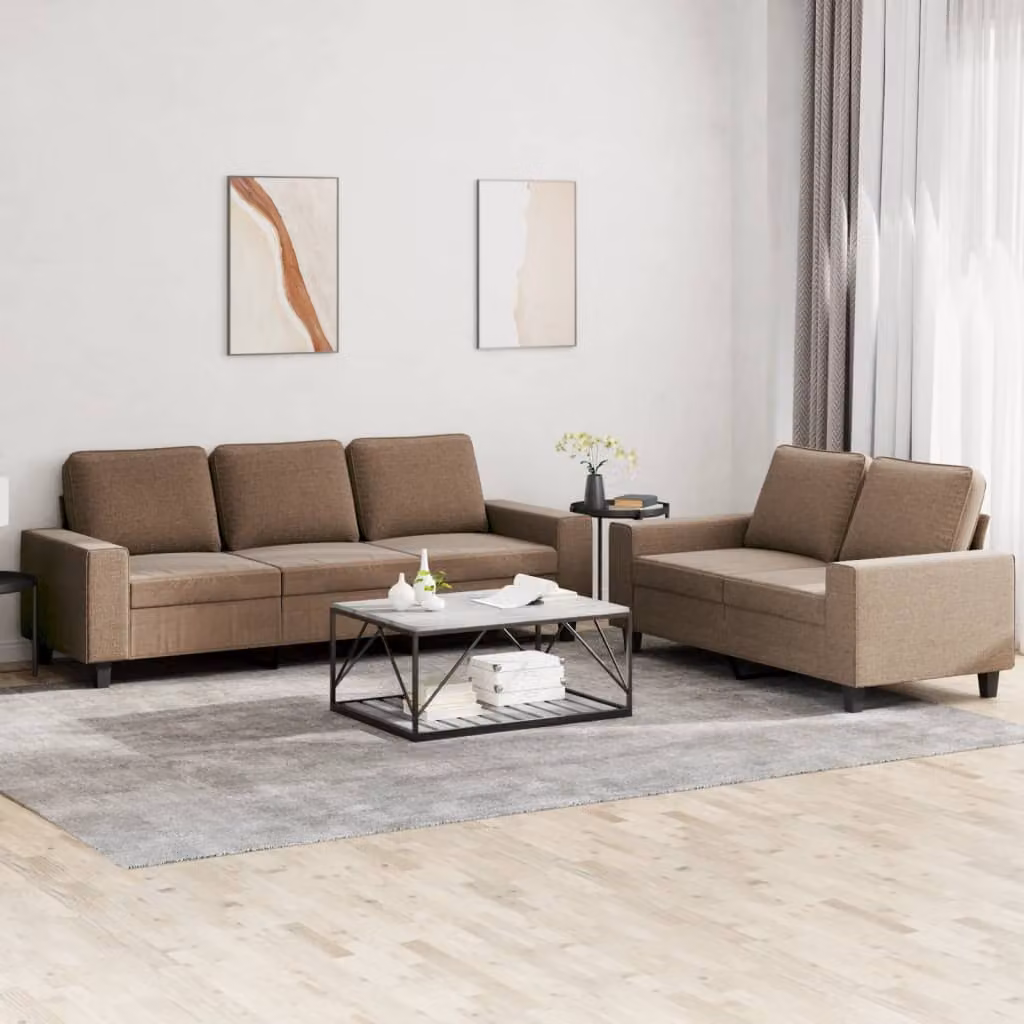 Set di divani vidaXL composto da un divano a 2 posti e un divano a 3 posti, rivestimento in tessuto marrone con cuscini inclusi per il tuo soggiorno – 1