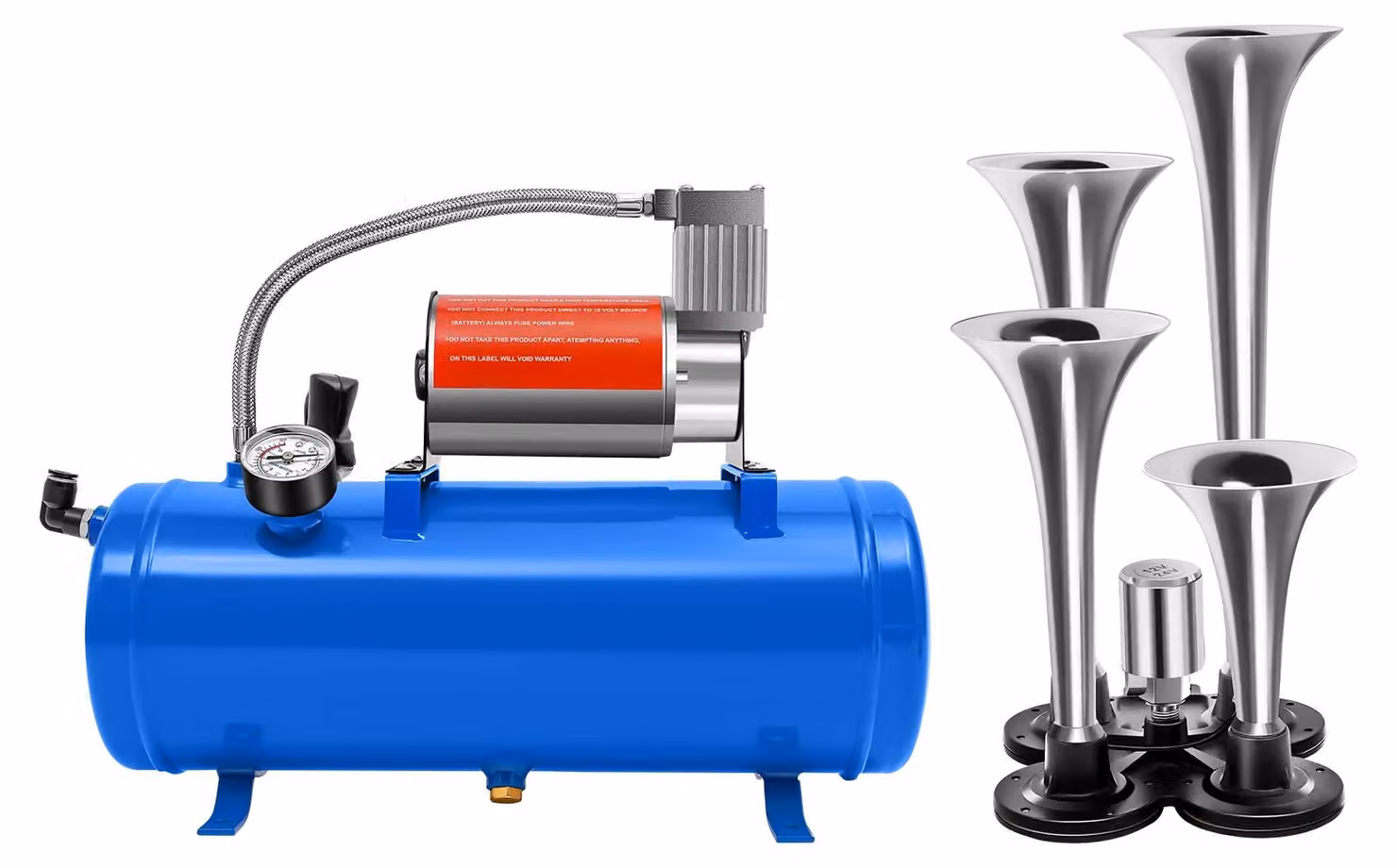 Compressore d'aria da 6 litri con kit di trombe d'aria (4 unità) - Compressore a 12V DC - 150 PSI - Serbatoio d'aria da 6 litri - Adatto per auto e camion - Colore blu