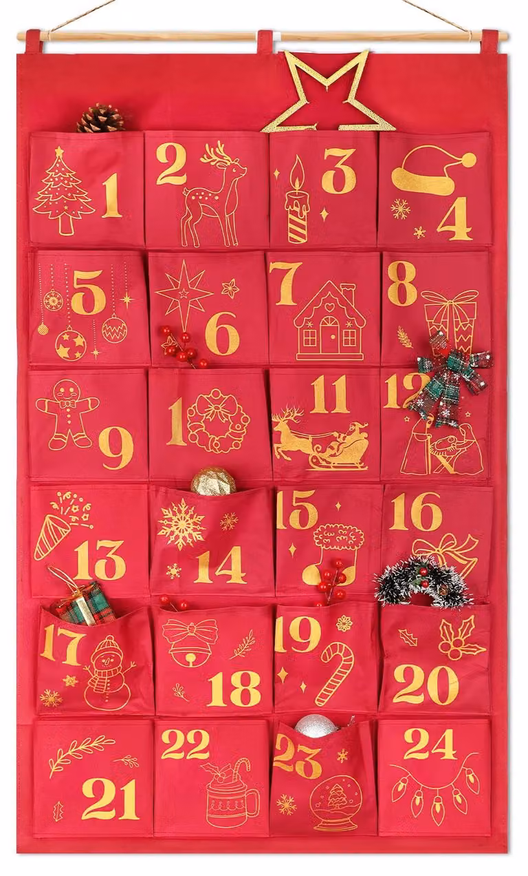 Calendario dell'Avvento da riempire personalmente, colore rosso, con dettagli dorati e glitter, dimensioni 110x68 cm