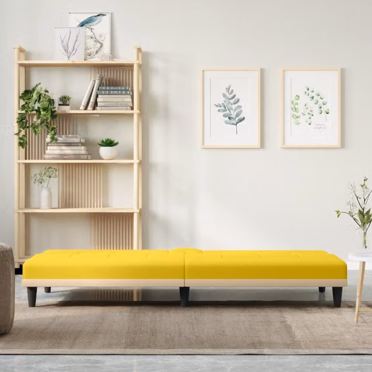 Divano letto esclusivo con portabicchieri, colore giallo chiaro, rivestito in tessuto