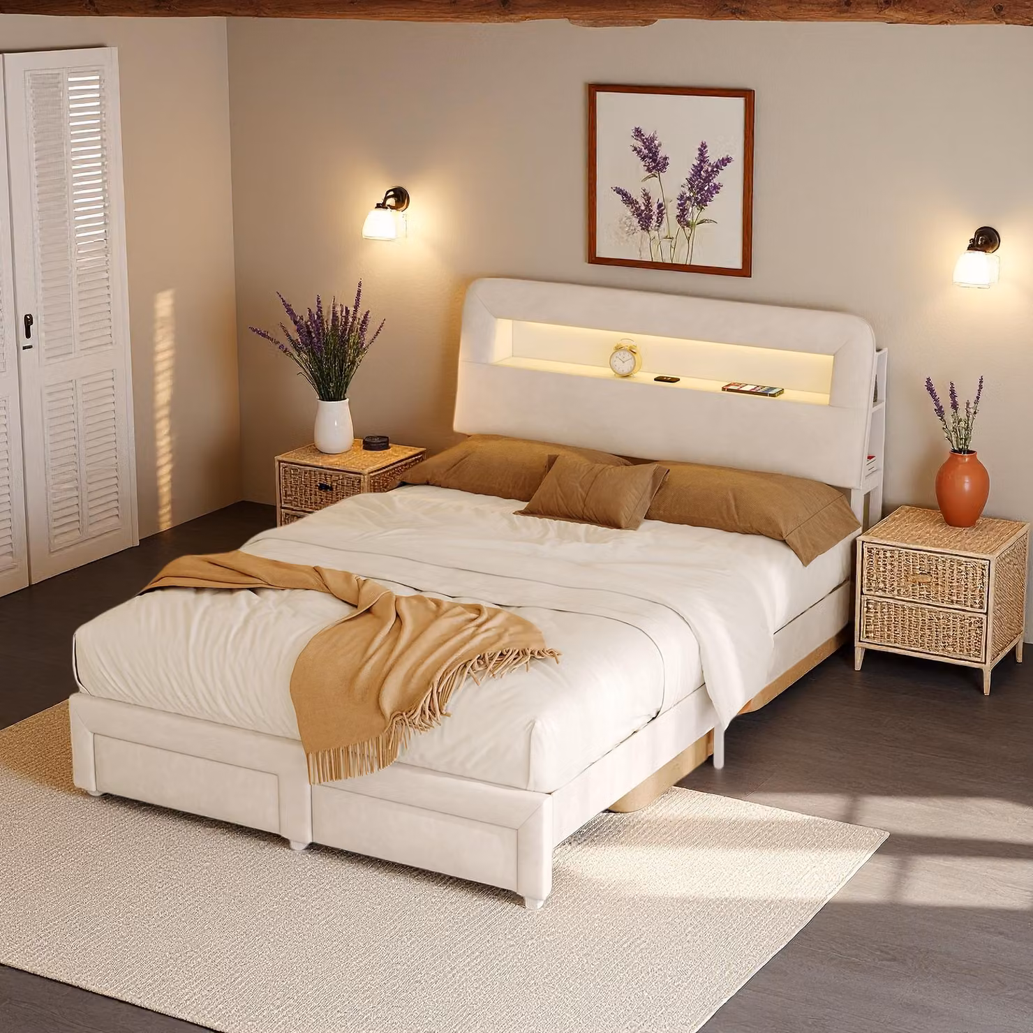 Letto imbottito UnboxG 140×200 cm in beige, velluto - letto contenitore con illuminazione a LED, connessione USB e cassetti