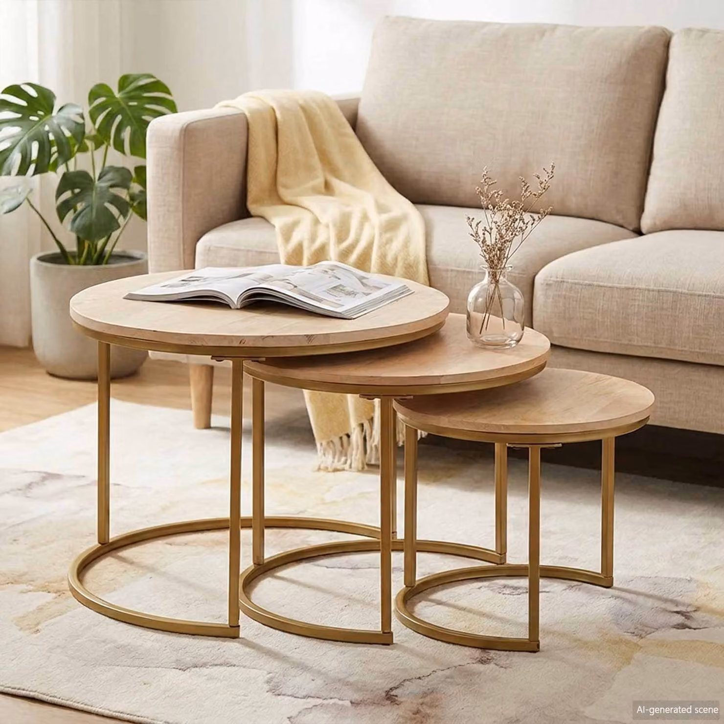 Set di 3 tavolini da caffè nido vidaXL in legno di mango e metallo, marrone, L/P/H: 60 x 60 x 45 cm
