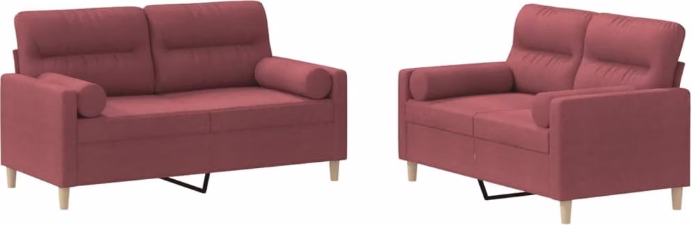 Set di Divani 2 pz con Cuscini Rosso Vino in Tessuto