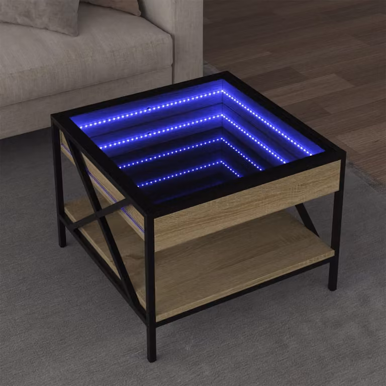 vidaXL Tavolino da Salotto Moderno con LED in Rovere Sonoma e Vetro, L 50 x P 50 x H 38 cm