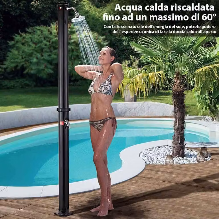 Doccia solare per giardino, piscina, uso esterno, campeggio, capacità 20 litri, con soffione regolabile, miscelatore per acqua calda e attacco per il giardino. Dimensioni: 22