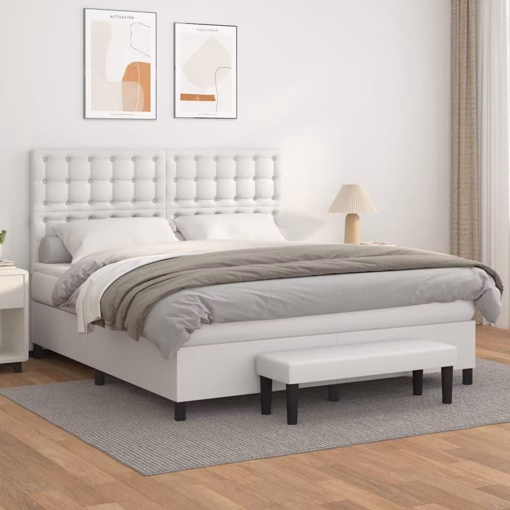 vidaXL Giroletto a Molle con Materasso Bianco in Similpelle, L/P: 180 x 200 cm – 1