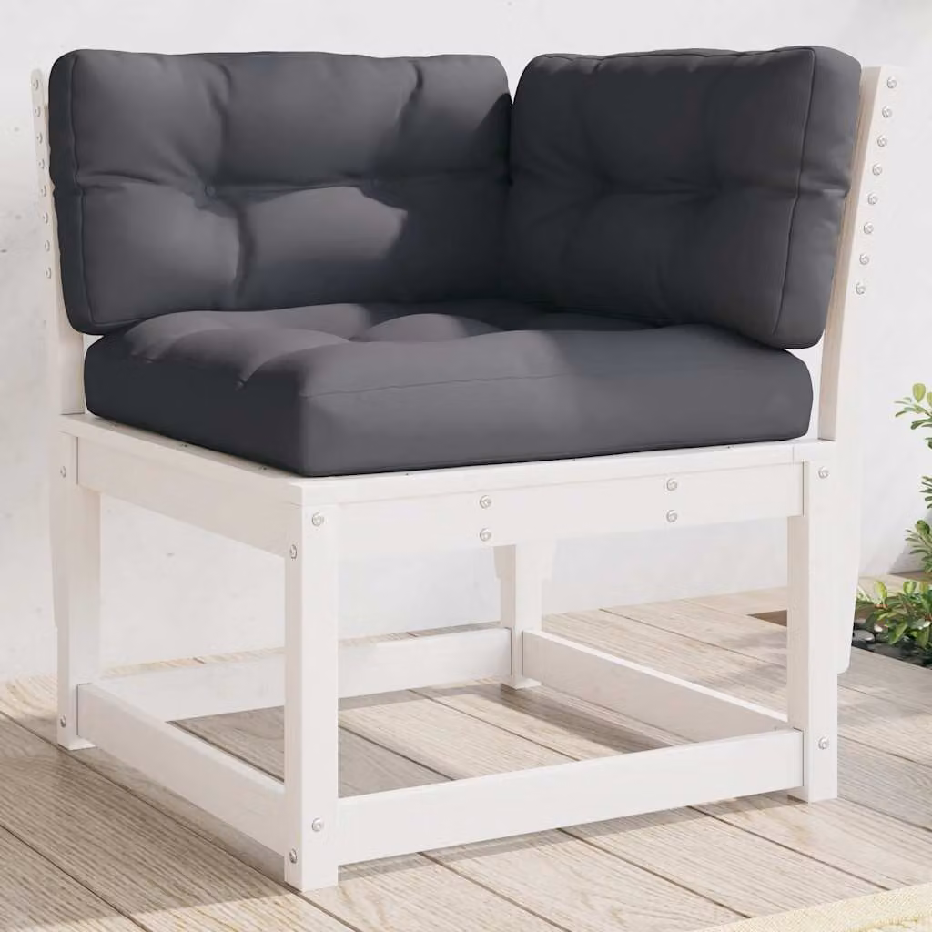 Divano Angolare da Giardino e Terrazzo vidaXL in Legno di Pino Massello con Cuscini Bianchi, L/P/H: 73 x 73 x 78 cm