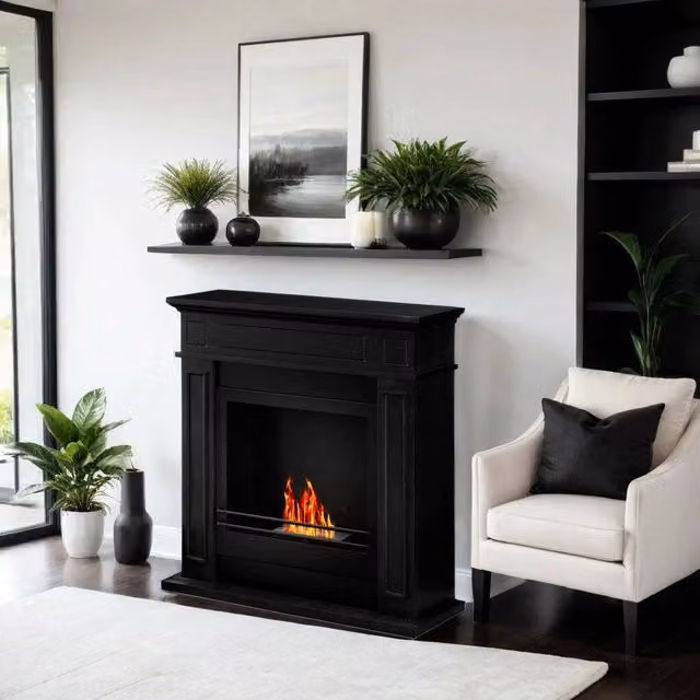 Camino a bioetanolo Ala, Caminetto, Focolare senza fumo, Riscaldatore ad etanolo, Made in Italy, 91x28 h90 cm, Nero