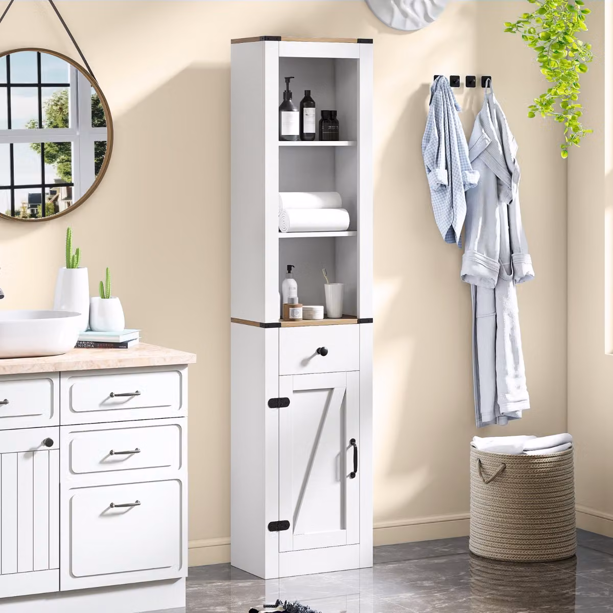 Armadietto da bagno alto Costway bianco con ripiani interni e ante a cerniera, ideale per soggiorno e cucina, Altezza: 173 cm