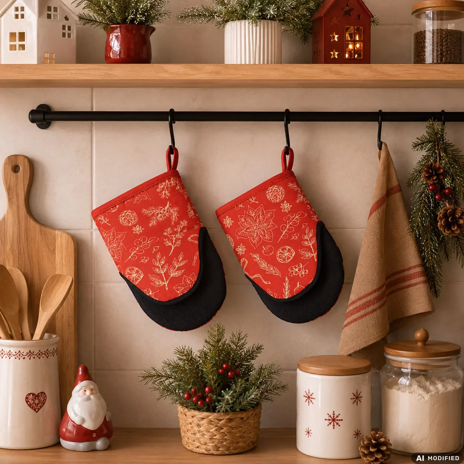 Set di 2 Guanti da Cucina Natalizi VESTIAMO CASA in Cotone con Strato in Neoprene Antiscivolo 13x20 cm – 2