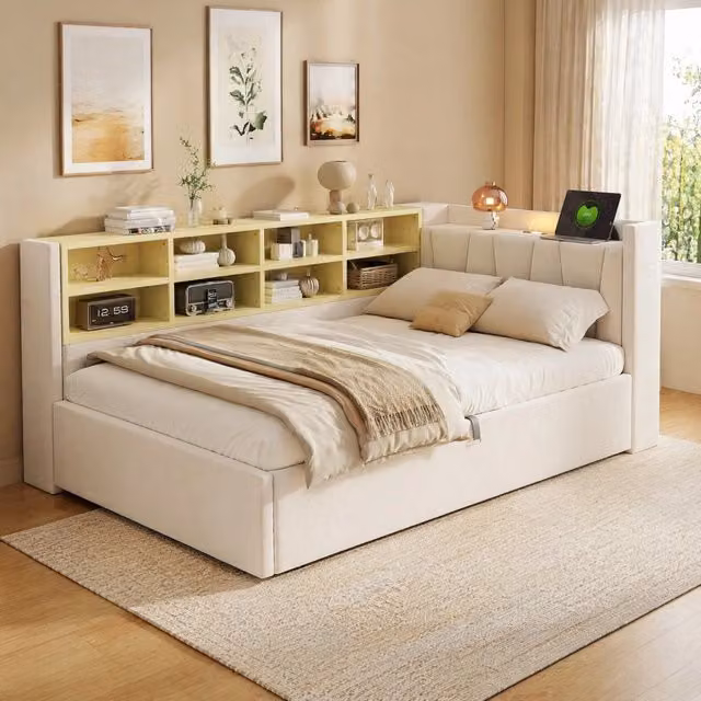 Letto imbottito singolo 90x200 cm in velluto beige con contenitore idraulico; USB e Type-C