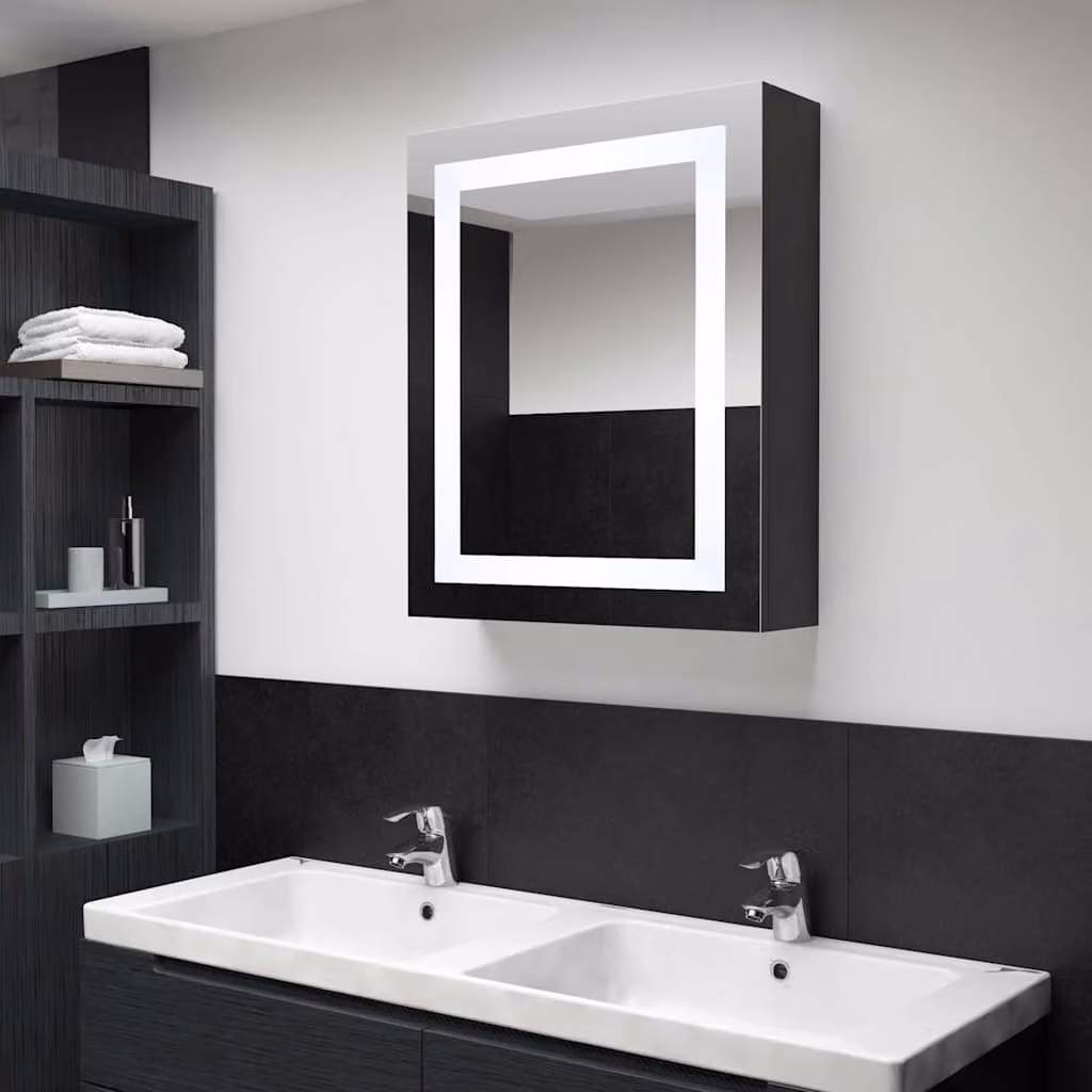 Armadietto da bagno moderno vidaXL con specchio e illuminazione LED, antracite e nero, L: 50 cm, P: 13 cm, H: 70 cm