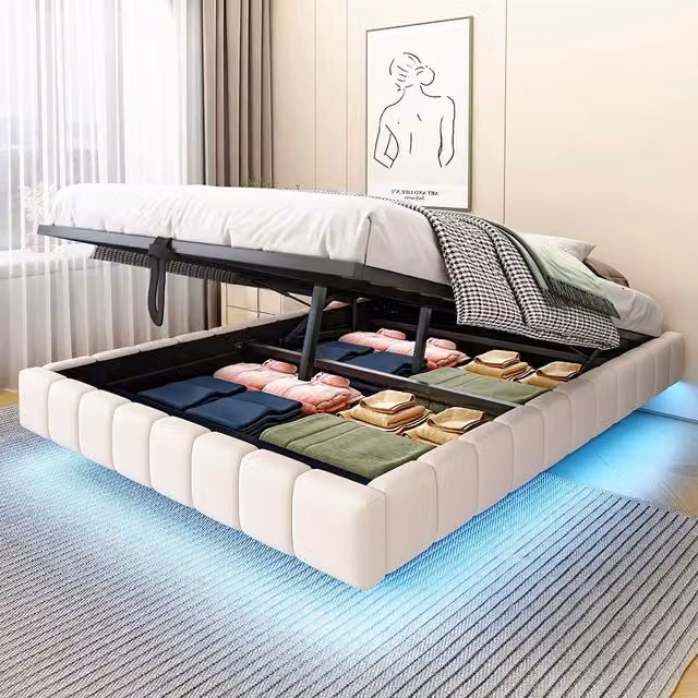 Letto-Xylo-140x200 cm-idraulico, LED, senza testiera, lino beige