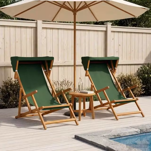 Set di 2 lettini da giardino vidaXL in legno di eucalipto massello con tendalino verde – 1