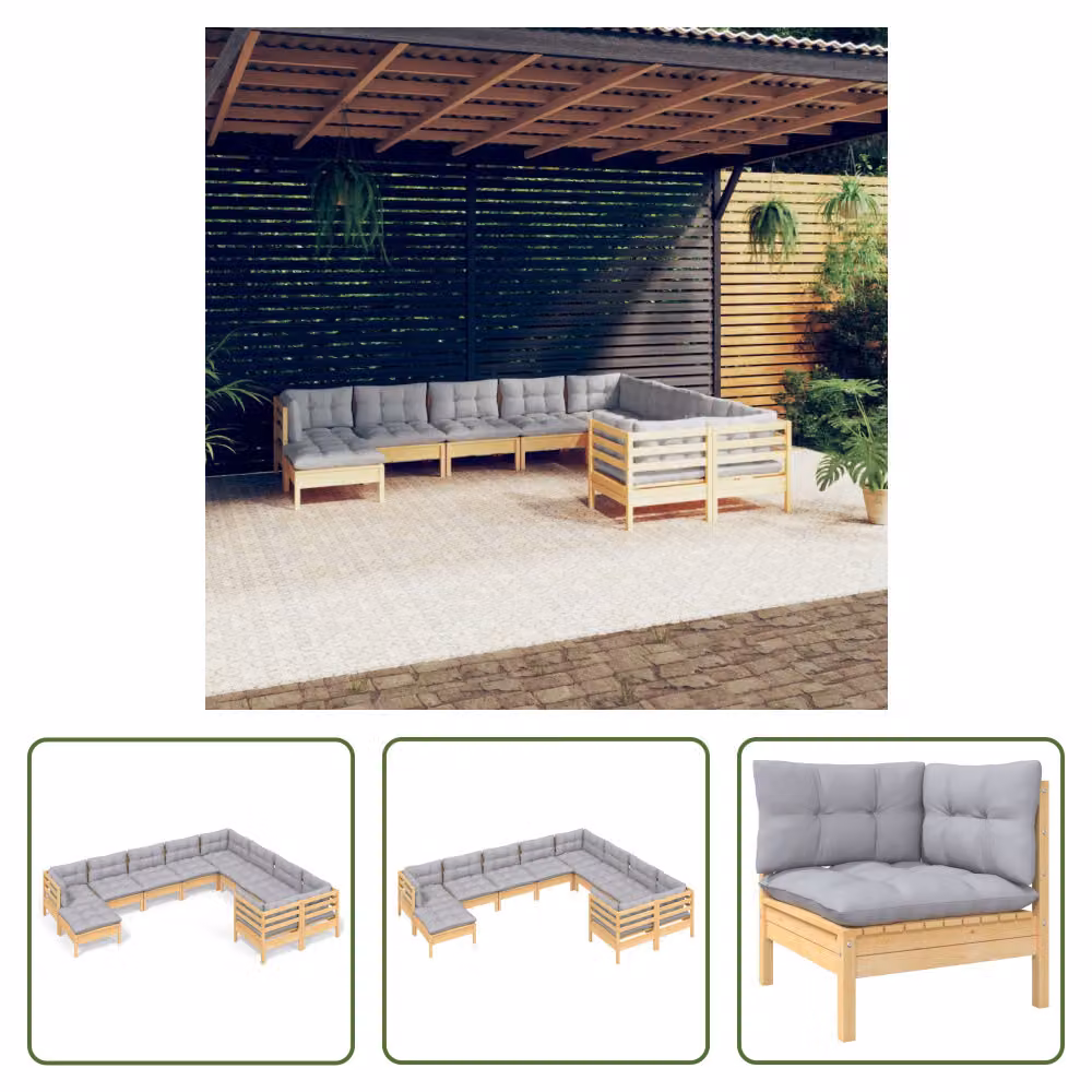 The Living Store Set da giardino da 10 pezzi con cuscini grigi in legno di pino