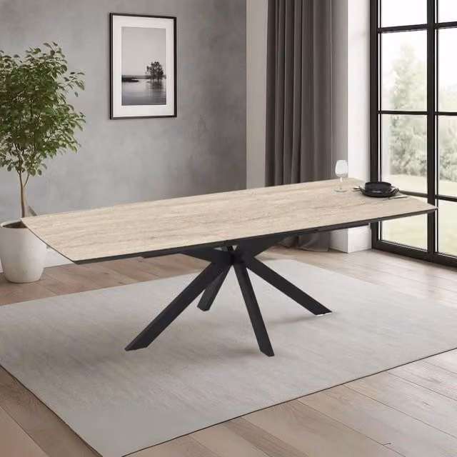 Tavolo allungabile Verano piano effetto marmo travertino beige e base nera 180/240x100x76H