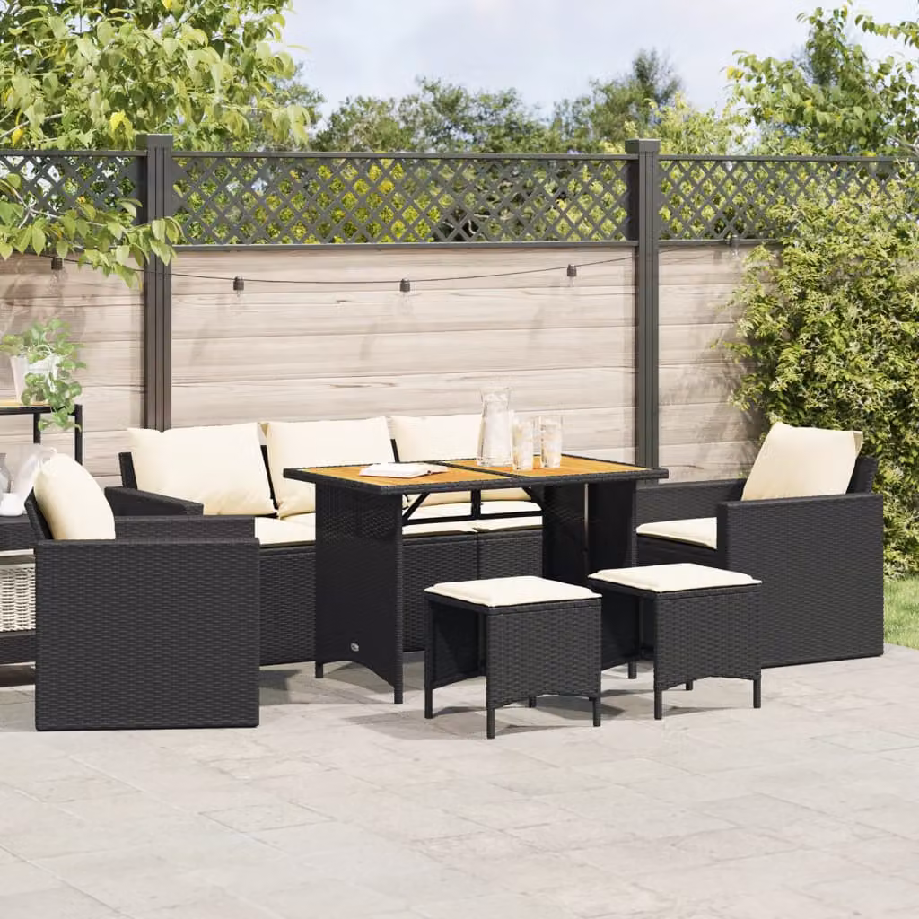 vidaXL Set Divano da Giardino 6 pz Moderno con Cuscini e Tavolino, Nero e Bianco, in Polyrattan con Struttura in Acciaio Verniciato a Polvere – 1